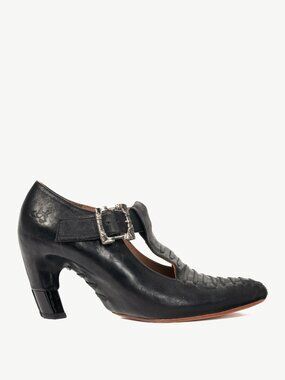 John Fluevog Pollux Black T-Strap Buckle Heels